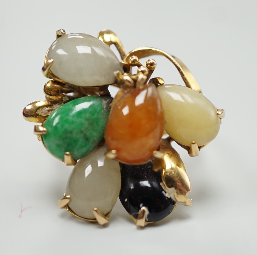 A modern 585 yellow metal and multi coloured cabochon jadeite cluster set dress ring, size N